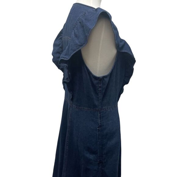 Anthropologie Pilcro Dark Blue Denim Ruffle Sleeve Maxi Midi Dress, 14. buttons - Picture 11 of 16